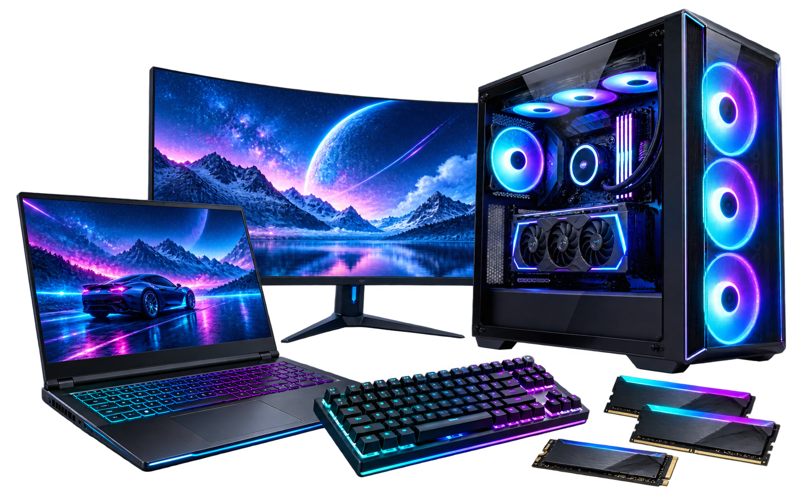 Laptop, gaming PC, monitör, SSD, RAM ve mekanik klavye